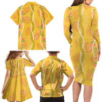Hawaii Maile Lei Family Matching Long Sleeve Bodycon Dress and Hawaiian Shirt With Yellow Monstera Pattern