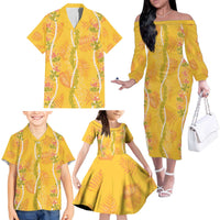 Hawaii Maile Lei Family Matching Off The Shoulder Long Sleeve Dress and Hawaiian Shirt With Yellow Monstera Pattern