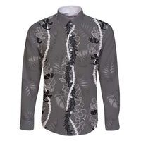 Hawaii Maile Lei Family Matching Off Shoulder Maxi Dress and Hawaiian Shirt With Gray Monstera Pattern LT05 Dad's Shirt - Long Sleeve Gray - Polynesian Pride