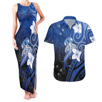 Polynesia Hammerhead Shark Couples Matching Tank Maxi Dress and Hawaiian Shirt Blue Tribal Pattern With Plumeria - Polynesian Pride