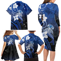 Polynesia Hammerhead Shark Family Matching Long Sleeve Bodycon Dress and Hawaiian Shirt Blue Tribal Pattern With Plumeria LT05 - Polynesian Pride