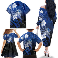 Polynesia Hammerhead Shark Family Matching Off The Shoulder Long Sleeve Dress and Hawaiian Shirt Blue Tribal Pattern With Plumeria LT05 - Polynesian Pride