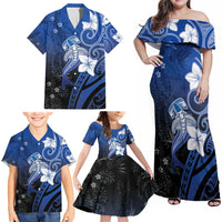 Polynesia Hammerhead Shark Family Matching Off Shoulder Maxi Dress and Hawaiian Shirt Blue Tribal Pattern With Plumeria LT05 - Polynesian Pride