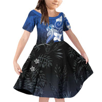 Polynesia Hammerhead Shark Family Matching Off Shoulder Short Dress and Hawaiian Shirt Blue Tribal Pattern With Plumeria LT05 Daughter's Dress Blue - Polynesian Pride
