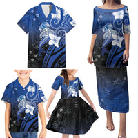 Polynesia Hammerhead Shark Family Matching Puletasi and Hawaiian Shirt Blue Tribal Pattern With Plumeria - Polynesian Pride
