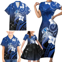 Polynesia Hammerhead Shark Family Matching Short Sleeve Bodycon Dress and Hawaiian Shirt Blue Tribal Pattern With Plumeria LT05 - Polynesian Pride