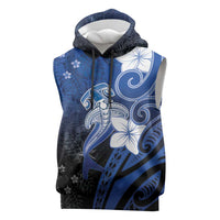 Polynesia Hammerhead Shark Sleeveless Hoodie Blue Tribal Pattern With Plumeria - Polynesian Pride