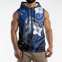 Polynesia Hammerhead Shark Sleeveless Zip Hoodie Blue Tribal Pattern With Plumeria - Polynesian Pride