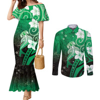 Polynesia Hammerhead Shark Couples Matching Mermaid Dress and Long Sleeve Button Shirt Green Tribal Pattern With Plumeria - Polynesian Pride