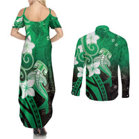 Polynesia Hammerhead Shark Couples Matching Summer Maxi Dress and Long Sleeve Button Shirt Green Tribal Pattern With Plumeria - Polynesian Pride