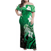 Polynesia Hammerhead Shark Family Matching Off Shoulder Maxi Dress and Hawaiian Shirt Green Tribal Pattern With Plumeria LT05 Mom's Dress Green - Polynesian Pride