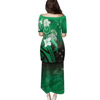 Polynesia Hammerhead Shark Family Matching Puletasi and Hawaiian Shirt Green Tribal Pattern With Plumeria LT05 - Polynesian Pride