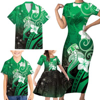 Polynesia Hammerhead Shark Family Matching Short Sleeve Bodycon Dress and Hawaiian Shirt Green Tribal Pattern With Plumeria LT05 - Polynesian Pride