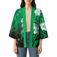 Polynesia Hammerhead Shark Kimono Green Tribal Pattern With Plumeria - Polynesian Pride