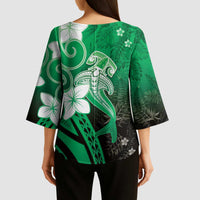 Polynesia Hammerhead Shark Kimono Sleeve Blouse Green Tribal Pattern With Plumeria - Polynesian Pride