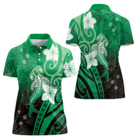 Polynesia Hammerhead Shark Women Polo Shirt Green Tribal Pattern With Plumeria - Polynesian Pride