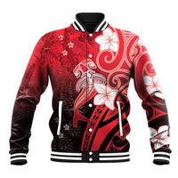 Polynesia Hammerhead Shark Baseball Jacket Red Tribal Pattern With Plumeria - Polynesian Pride