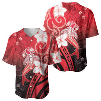 Polynesia Hammerhead Shark Baseball Jersey Red Tribal Pattern With Plumeria - Polynesian Pride