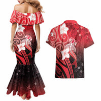 Polynesia Hammerhead Shark Couples Matching Mermaid Dress and Hawaiian Shirt Red Tribal Pattern With Plumeria - Polynesian Pride