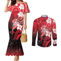 Polynesia Hammerhead Shark Couples Matching Mermaid Dress and Long Sleeve Button Shirt Red Tribal Pattern With Plumeria - Polynesian Pride