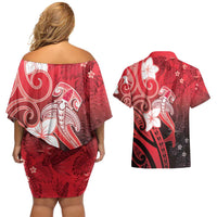 Polynesia Hammerhead Shark Couples Matching Off Shoulder Short Dress and Hawaiian Shirt Red Tribal Pattern With Plumeria - Polynesian Pride
