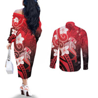 Polynesia Hammerhead Shark Couples Matching Off The Shoulder Long Sleeve Dress and Long Sleeve Button Shirt Red Tribal Pattern With Plumeria - Polynesian Pride