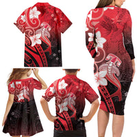 Polynesia Hammerhead Shark Family Matching Long Sleeve Bodycon Dress and Hawaiian Shirt Red Tribal Pattern With Plumeria LT05 - Polynesian Pride