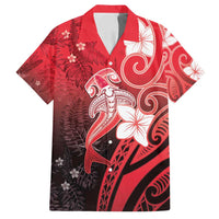 Polynesia Hammerhead Shark Family Matching Puletasi and Hawaiian Shirt Red Tribal Pattern With Plumeria - Polynesian Pride