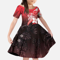 Polynesia Hammerhead Shark Kid Short Sleeve Dress Red Tribal Pattern With Plumeria - Polynesian Pride