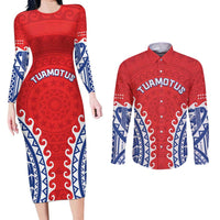 Custom Tuamotu Archipelago Couples Matching Long Sleeve Bodycon Dress and Long Sleeve Button Shirt Polynesian Tribal Tattoo LT05 Red - Polynesian Pride