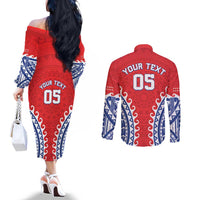 Custom Tuamotu Archipelago Couples Matching Off The Shoulder Long Sleeve Dress and Long Sleeve Button Shirt Polynesian Tribal Tattoo LT05 - Polynesian Pride