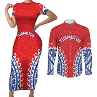 Custom Tuamotu Archipelago Couples Matching Short Sleeve Bodycon Dress and Long Sleeve Button Shirt Polynesian Tribal Tattoo LT05 Red - Polynesian Pride