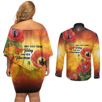 ANZAC Day Red Poppy Couples Matching Off Shoulder Short Dress and Long Sleeve Button Shirt Honoring The ANZAC Spirit LT05 - Polynesian Pride