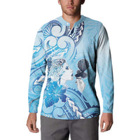 Aotearoa Maori Wahine Button Sweatshirt Fantail Bird Blue Gold Marble