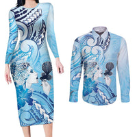 Aotearoa Maori Wahine Couples Matching Long Sleeve Bodycon Dress and Long Sleeve Button Shirt Fantail Bird Blue Gold Marble LT05 Blue - Polynesian Pride