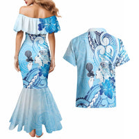 Aotearoa Maori Wahine Couples Matching Mermaid Dress and Hawaiian Shirt Fantail Bird Blue Gold Marble LT05 - Polynesian Pride