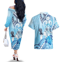 Aotearoa Maori Wahine Couples Matching Off The Shoulder Long Sleeve Dress and Hawaiian Shirt Fantail Bird Blue Gold Marble LT05 - Polynesian Pride