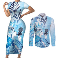 Aotearoa Maori Wahine Couples Matching Short Sleeve Bodycon Dress and Long Sleeve Button Shirt Fantail Bird Blue Gold Marble LT05 Blue - Polynesian Pride