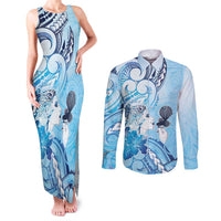 Aotearoa Maori Wahine Couples Matching Tank Maxi Dress and Long Sleeve Button Shirt Fantail Bird Blue Gold Marble LT05 Blue - Polynesian Pride
