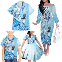 Aotearoa Maori Wahine Family Matching Off The Shoulder Long Sleeve Dress and Hawaiian Shirt Fantail Bird Blue Gold Marble LT05 - Polynesian Pride