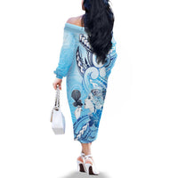 Aotearoa Maori Wahine Family Matching Off The Shoulder Long Sleeve Dress and Hawaiian Shirt Fantail Bird Blue Gold Marble LT05 - Polynesian Pride
