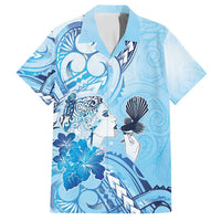 Aotearoa Maori Wahine Family Matching Summer Maxi Dress and Hawaiian Shirt Fantail Bird Blue Gold Marble LT05 Dad's Shirt - Short Sleeve Blue - Polynesian Pride