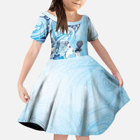 Aotearoa Maori Wahine Kid Short Sleeve Dress Fantail Bird Blue Gold Marble LT05 KID Blue - Polynesian Pride