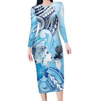 Aotearoa Maori Wahine Long Sleeve Bodycon Dress Fantail Bird Blue Gold Marble LT05 Long Dress Blue - Polynesian Pride
