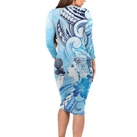 Aotearoa Maori Wahine Long Sleeve Bodycon Dress Fantail Bird Blue Gold Marble LT05 - Polynesian Pride