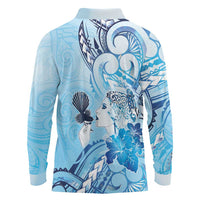 Aotearoa Maori Wahine Long Sleeve Polo Shirt Fantail Bird Blue Gold Marble LT05 - Polynesian Pride