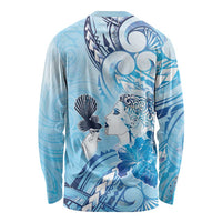 Aotearoa Maori Wahine Long Sleeve Shirt Fantail Bird Blue Gold Marble