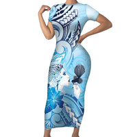 Aotearoa Maori Wahine Short Sleeve Bodycon Dress Fantail Bird Blue Gold Marble LT05 Long Dress Blue - Polynesian Pride