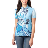 Aotearoa Maori Wahine Women Polo Shirt Fantail Bird Blue Gold Marble LT05 - Polynesian Pride