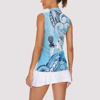 Aotearoa Maori Wahine Women Sleeveless Polo Shirt Fantail Bird Blue Gold Marble LT05 - Polynesian Pride